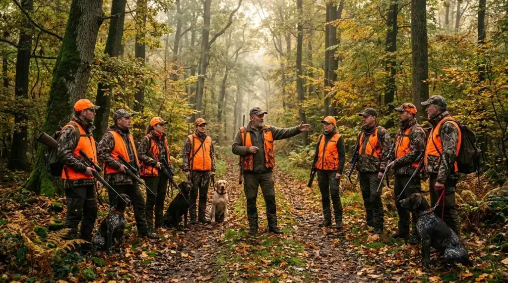 Chasseurs en gilets orange réunis en forêt avec chiens
