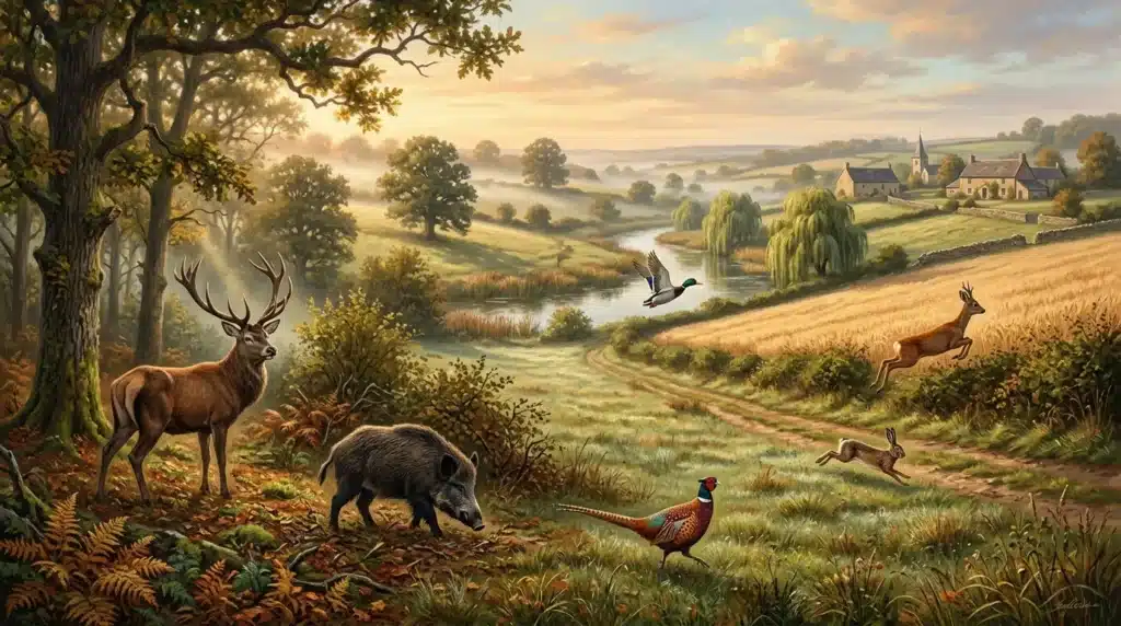 Paysage champêtre avec cerfs, sanglier, lièvre et oiseaux sauvages