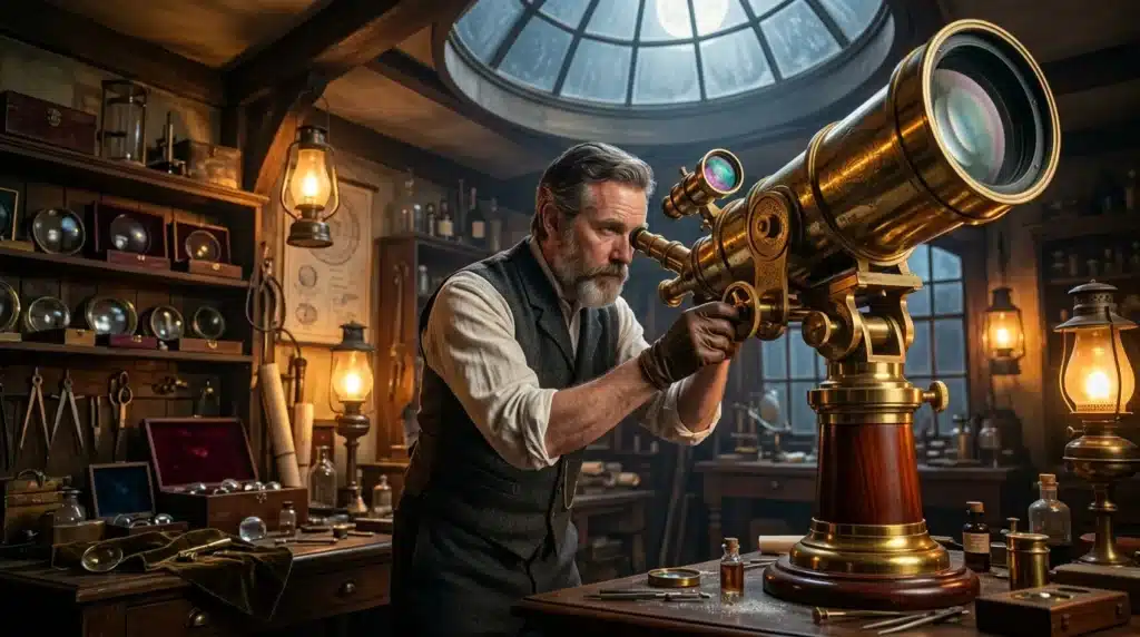 Homme barbu observant avec un télescope en laiton dans son laboratoire.