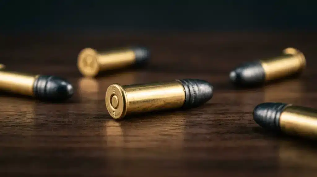 Plusieurs cartouches de munition dorées disposées sur bois