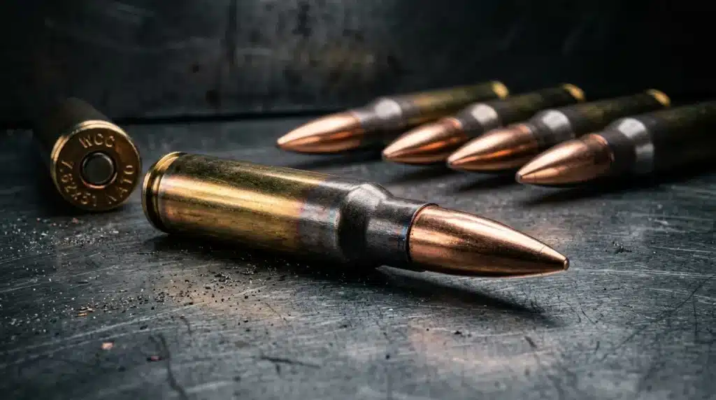 Cartouches de munitions 9mm disposées sur une surface noire