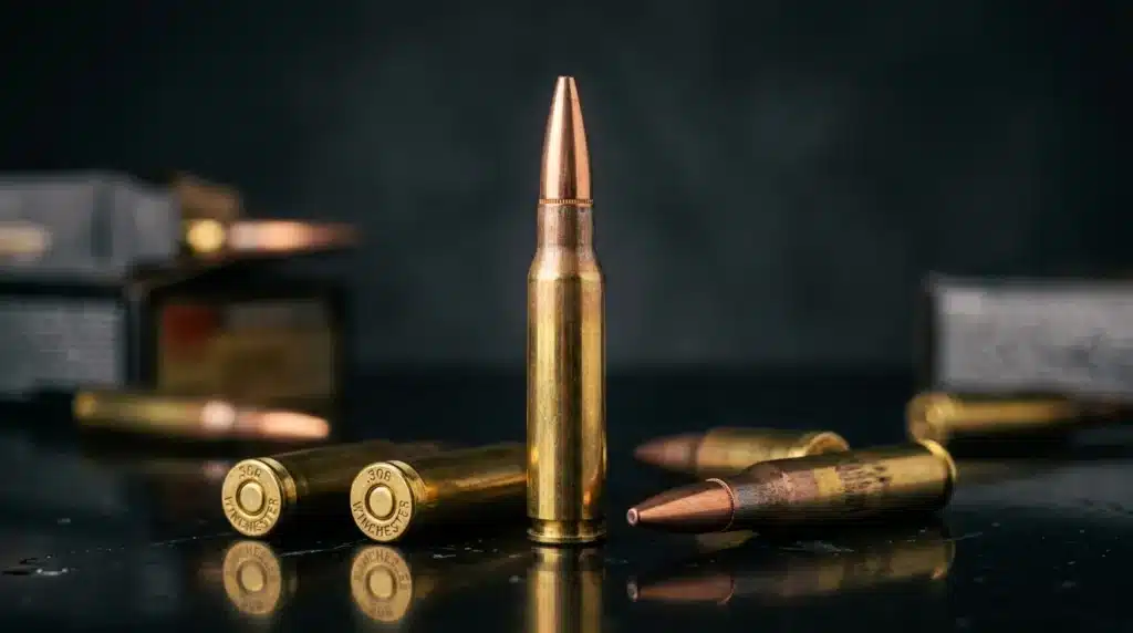 Cartouches de munitions 308 Winchester alignées sur surface noire