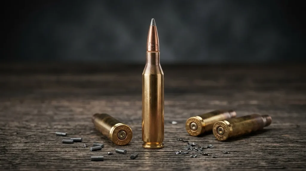 Cartouches de fusil avec douilles en laiton sur surface bois