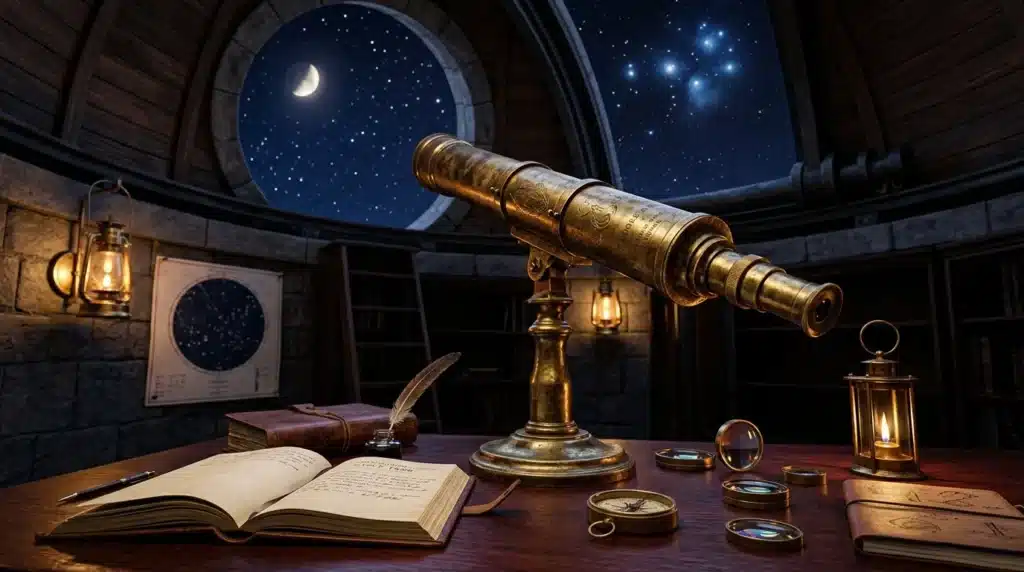 Télescope doré pointé vers ciel étoilé, livres et instruments astronomiques