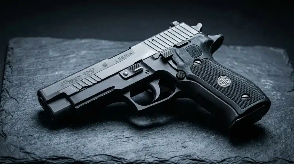Pistolet semi-automatique noir sur surface grise