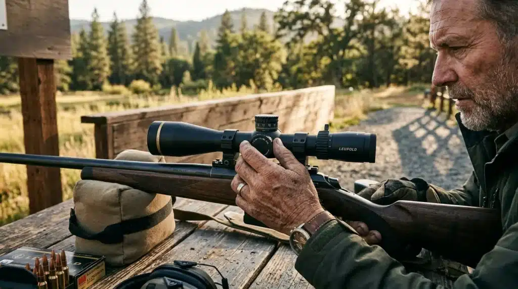 Tireur ajustant sa lunette de visée Leupold sur un fusil