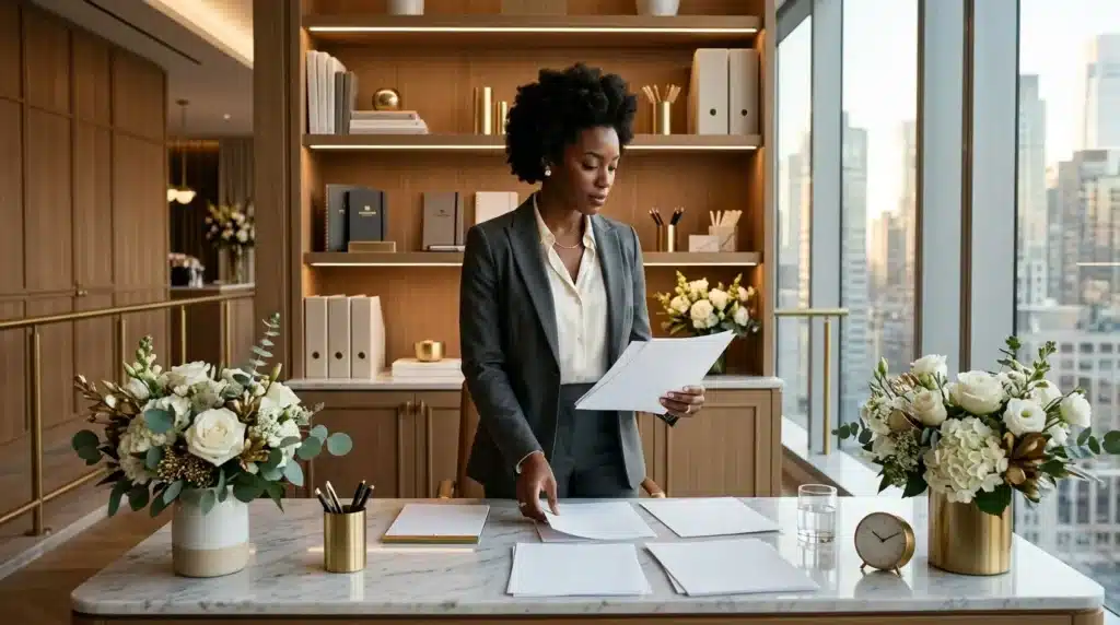 Femme en costume travaillant dans un bureau haut de gamme avec vue urbaine