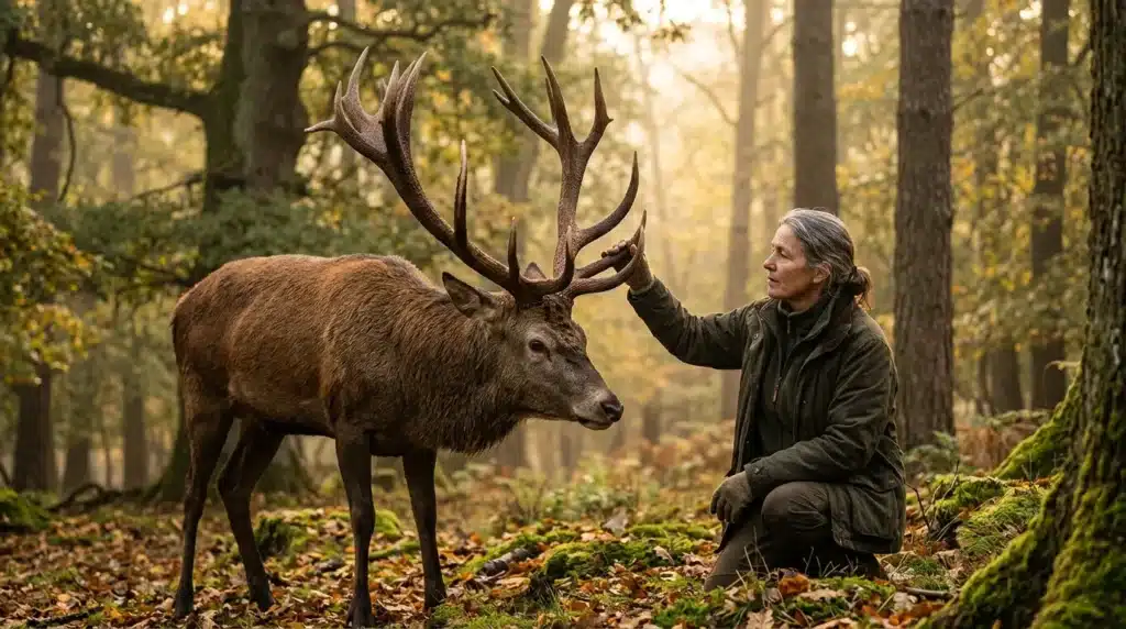 Homme crouché caressant un cerf aux bois imposants en forêt