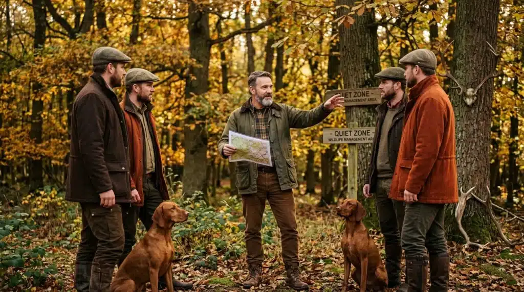 Cinq chasseurs et deux chiens discutent en forêt automnale