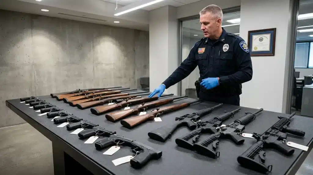 Officier de police examine des armes saisies sur table