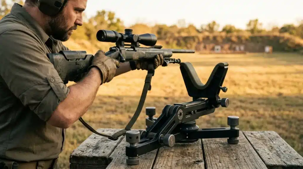 Homme visant avec fusil équipé lunette sur support