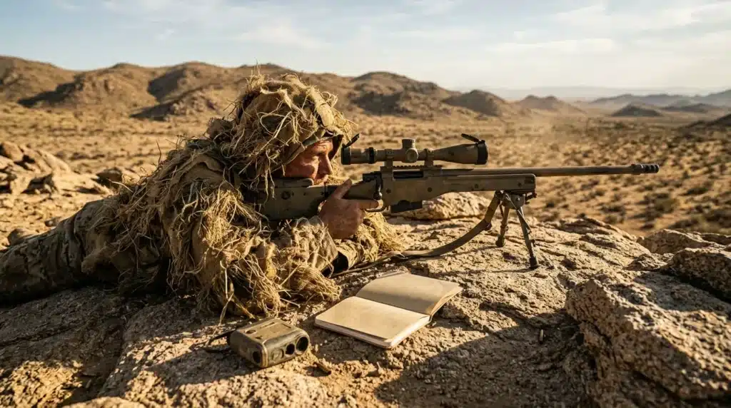 Sniper camouflé visant avec fusil de précision en désert