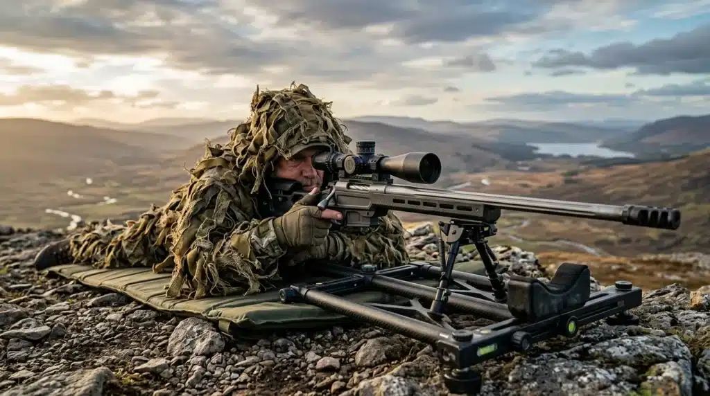 Soldat caché en tenue de camouflage visant avec fusil équipé lunette